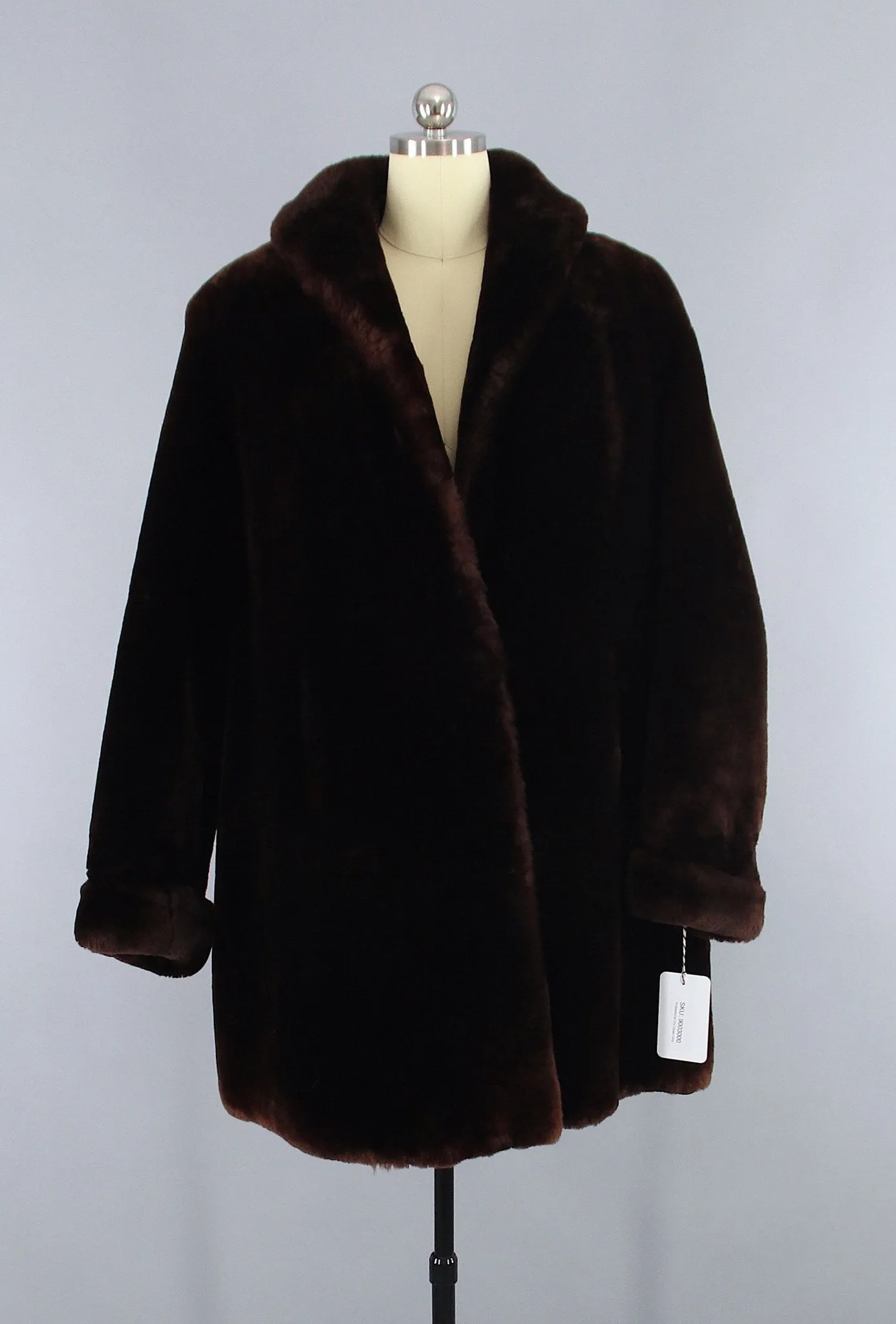 1960s Vintage Long Mouton Lamb Fur Coat / Chocolate Brown