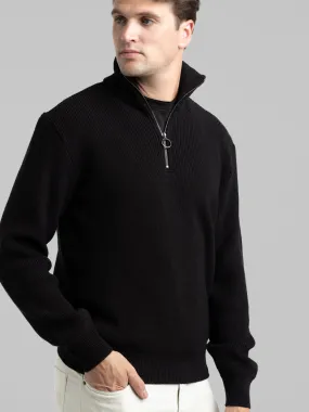 Black Quarter-Zip Ribbed Knit