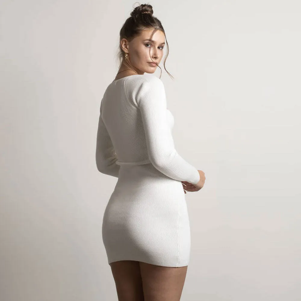 Flattering White Sweetheart Neckline Bodycon Mini Rib Knit Sweater Dress