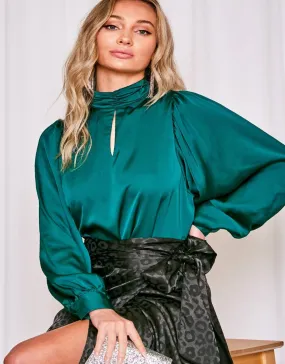 High neck balloon sleeves satin blouse