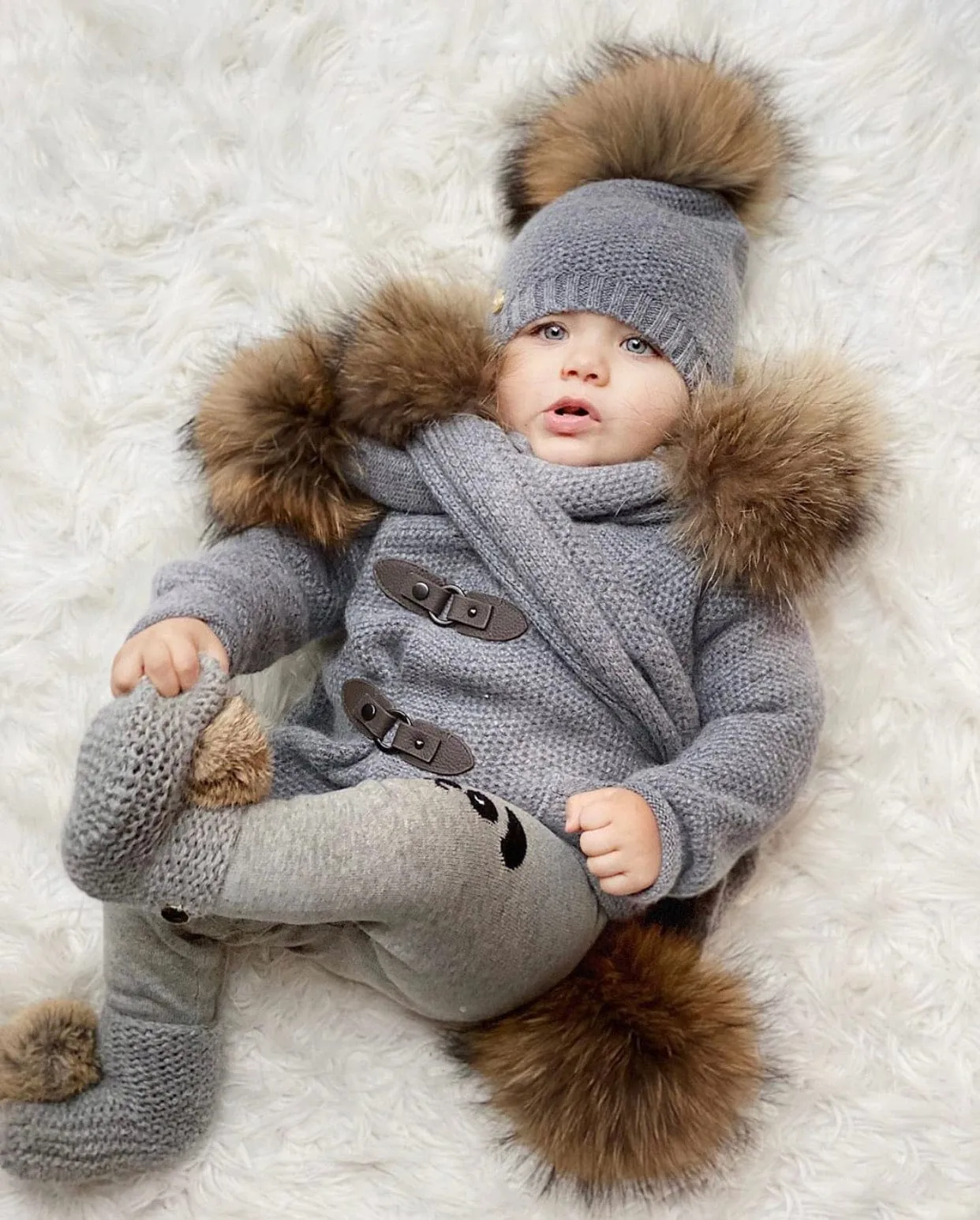 Honeycomb Grey Cashmere Pram Coat with Natural Trim