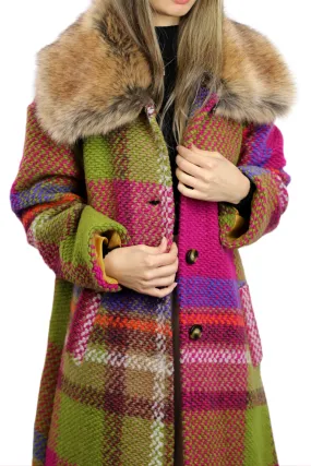 La Fiorentina Long Plaid Wool Coat w/ Faux Fur Trim - Fuchsia/Camel