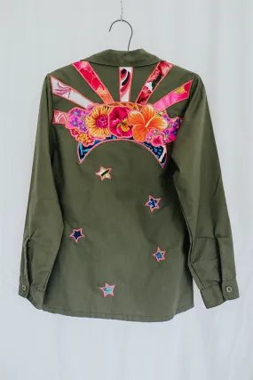 Vintage-Inspired Sun and Moon Embellished Military Jacket